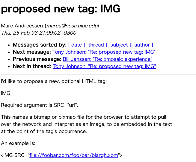www-talkのアーカイブ。Marc Andreessenによる「proposed new tag: IMG」の投稿本文